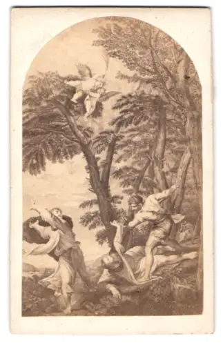 Fotografie unbekannter Fotograf und Ort, Dramatische Szene im Wald, nach einem Gemälde