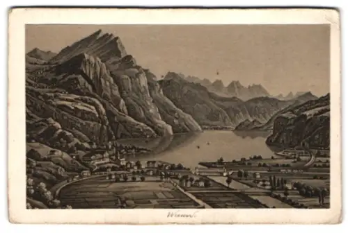 Fotografie R. Dierenmann, Zürich, Ansicht Weesen, Seeblick mit Bergpanorama