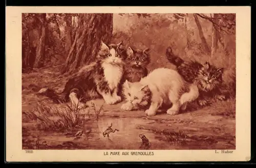 AK La Mare aux Grenouilles, Katzen und Frösche
