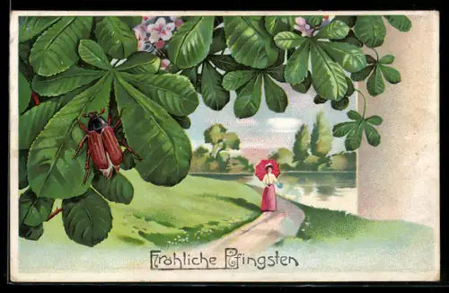 AK Maikäfer auf einer Kastanie vor Spaziergängerin, Pfingstgruss