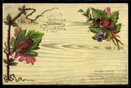 Lithographie zwei Maikäfer auf Blättern