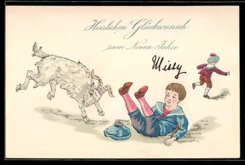 Präge-AK Ziegenbock hat einen Knaben zu Fall gebracht, Neujahrsgruss