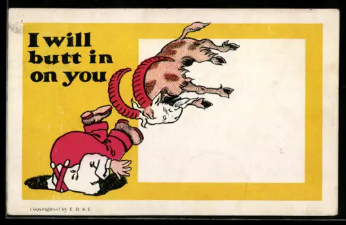 Lithographie I will butt in on you, Ziegenbock greift Knaben an