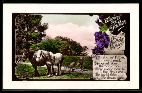 AK Bauer mit Pflug und Pferdegespann, Geburtstagsgruss