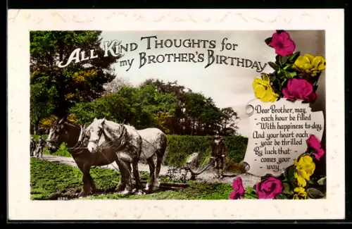 AK Bauer beim Pflügen mit Pferdegespann, Geburtstagsgruss
