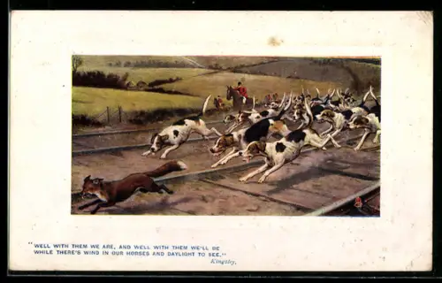 AK Fuchs wird von einer Hundemeute und Reitern über Bahngleise gejagt