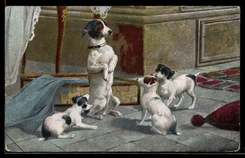 AK Hund macht Männchen, Drei Welpen schauen zu