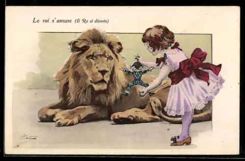 AK Le roi s`amuse, Löwe und Mädchen mit Harlekinpuppe