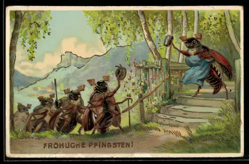 AK Maikäferdame begrüsst aufbrechende Maikäfer-Wandergruppe, Pfingstgruss