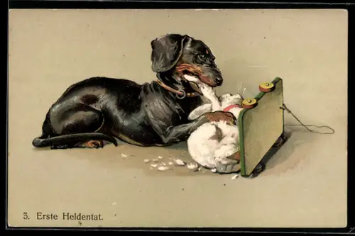 Lithographie Erste Heldentat, Dackel frisst ein Spielzeug-Kaninchen