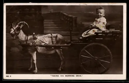 AK Taking His Morning Drive, Lächelndes Kleinkind im Ziegengespann vor Fotokulisse