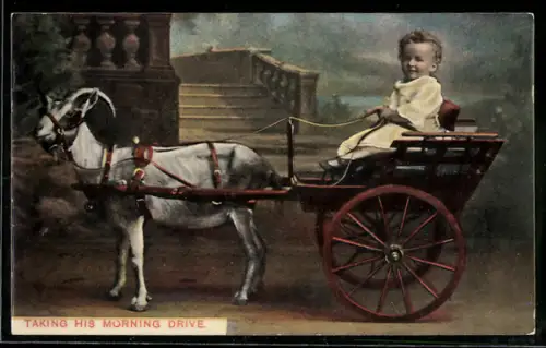 AK Taking His Morning Drive, Kleinkind als Kutscher im Ziegengespann vor Fotokulisse