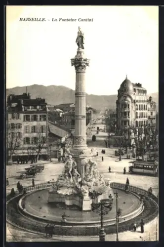 AK Marseille, La Fontaine Cantini, Strassenbahn