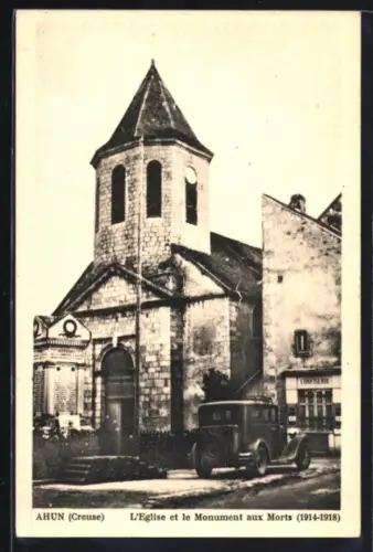 AK Ahun /Creuse, L`Eglise et le Monument aux Morts 1914-18