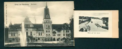 Leporello-AK Bernburg, Kurhaus mit Fontäne, Saalepartie, Waldwärterhaus im Krumbholz
