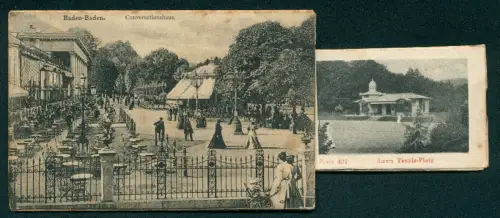 Leporello-AK Baden-Baden, Conversationshaus, Lawn-Tennisplatz, Trinkhalle-Säulengang