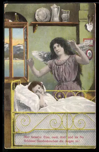 AK Schutzengel neben dem Bett von einem Kind
