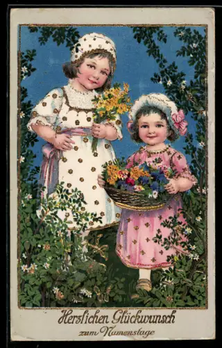 AK Zwei kleine Mädchen mit Blumenkorb und Blumenstrauss, Namenstag