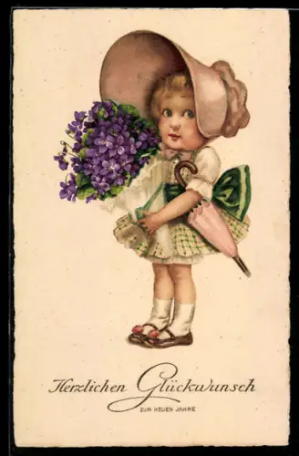 AK Mädchen mit grossem Hut und Schirm, Neujahrswünsche