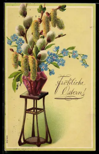 AK Weidenkätzchen und Vergissmeinnicht in Blumenvase, Ostern