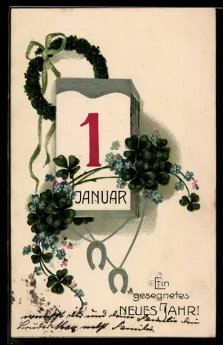 AK Kalender mit Datum 1. Januar, Hufeisen, Neujahrswünsche