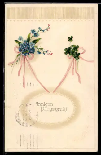 AK Vergissmeinnicht und Kleeblätter, Pfingstgrüsse