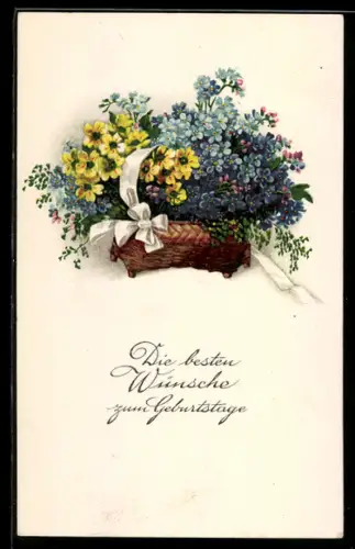 AK Korb mit verschiedenen Blumen, Geburtstagswünsche