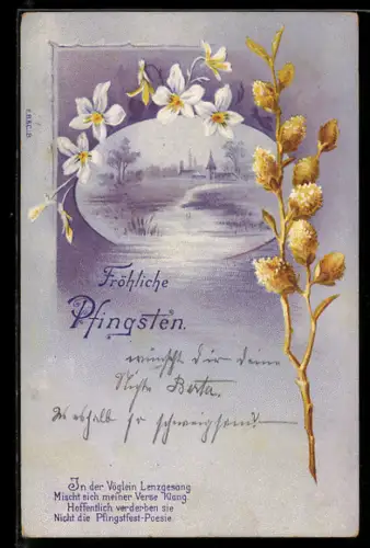 AK Flusslauf und Fernblick auf eine Ortschaft mit Kirche, Pfingsten