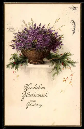 AK Flechtkorb mit violetten Blumen, Geburtstagswünsche