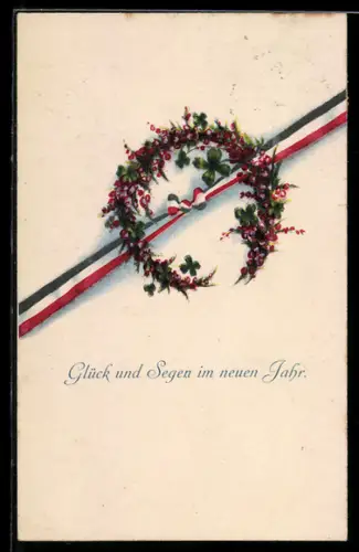 AK Blütenkranz und Band mit schwarz-weiss-roten Nationalfarben, Neujahr