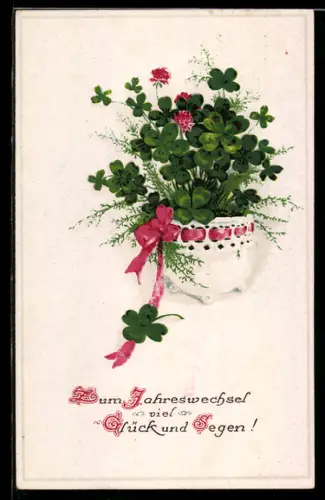 AK Kleeblätter in Blumentopf mit rotem Band, Neujahrsgrüsse
