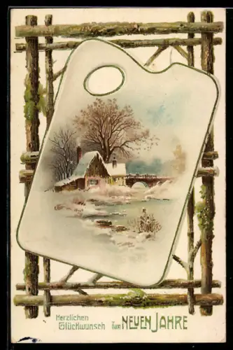 AK Verschneites Gehöft an Bogenbrücke über Flusslauf, Neujahr
