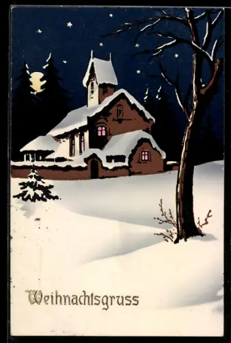 AK Verschneite Kirche vor einem Tannenwald, Weihnachtsgrüsse