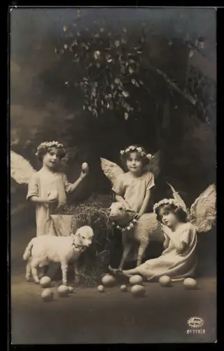 AK Zwei Lämmer und Osterengel, Ostergrüsse