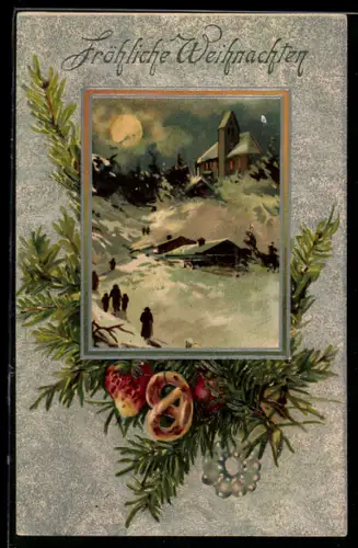 AK Ortspartie im Winter, Tannenzweige und Weihnachtsgrüsse