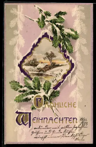 AK Fröhliche Weihnachten, schneebedeckte Wassermühle mit Tannenzweigen