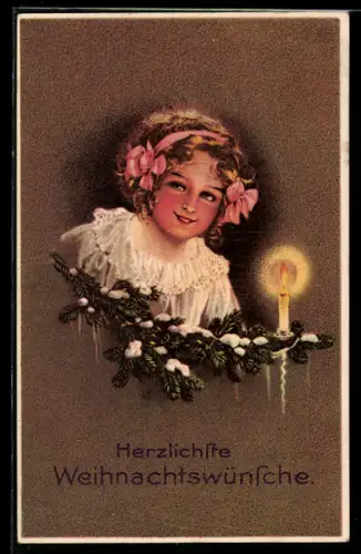 AK Mädchen und verschneiter Tannenzweig mit Kerze, Weihnachtsgrüsse