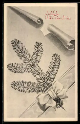 AK Tannenzweig mit Schleife, Weihnachtsgrüsse