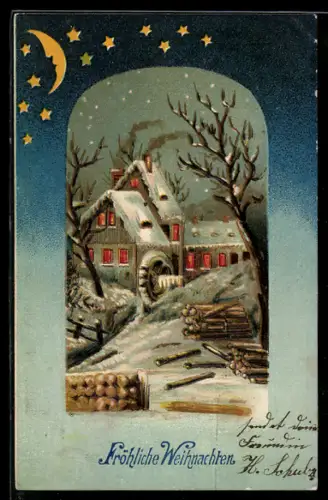 AK Verschneite Mühle am Mühlbach, Flosshölzer, Weihnachtsgrüsse