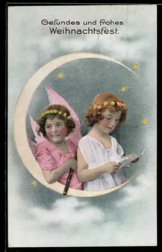 AK Weihnachtsengel mit Flöte, Mädchen mit Liedtext, Weihnachtsgrüsse