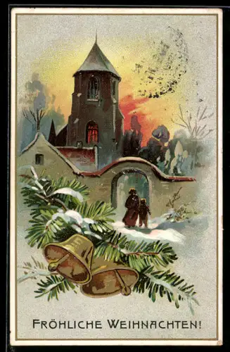 AK Dorfkirche und Toreingang zum Kirchhof, Glocken, Weihnachtsgrüsse