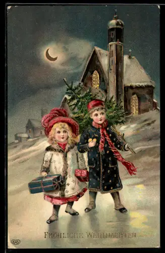 AK Mädchen und Junge mit Tannenbaum vor der Dorfkirche bei Nacht, Weihnachten