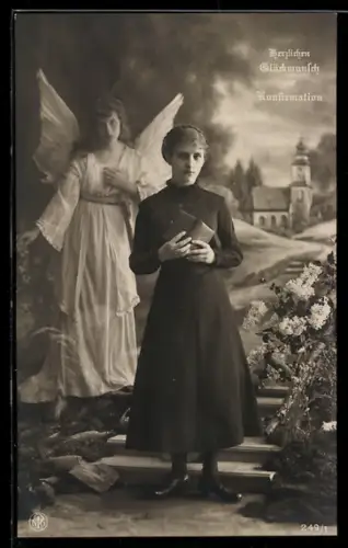 AK Junge Frau mit Gebetbuch, im Hintergrund Schutzengel, Konfirmation 1917