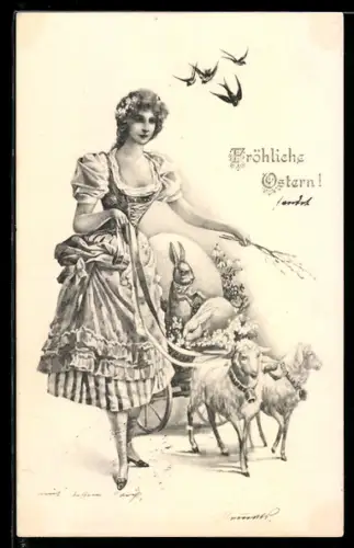 AK Junge Frau mit Osterlämmern, Ostergrüsse