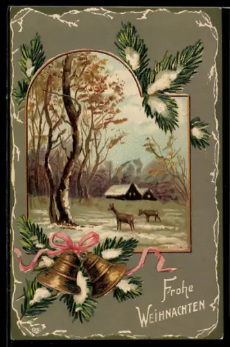 AK Frohe Weihnachten, Blick zu schneebedeckten Häusern mit Rehen und Glocken mit Tannenzweig