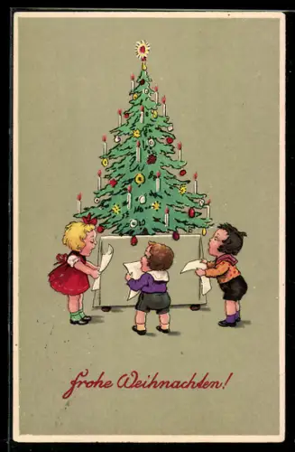 AK Kinder singen am Weihnachtsbaum, Weihnachtsgrüsse