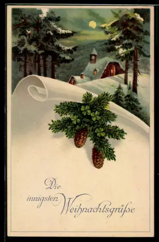 AK Kirche im Schnee und Vollmond, Tannenzweige, Weihnachtsgrüsse