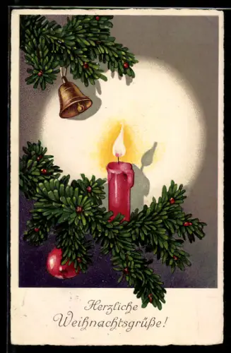 AK Brennende Kerze auf Tannenzweig, Weihnachtsgrüsse