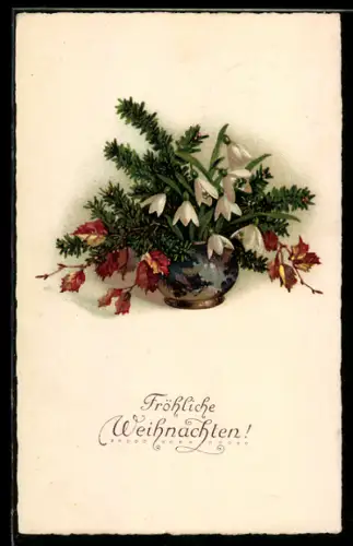AK Schneeglöckchen im Blumentopf, Weihnachtsgrüsse