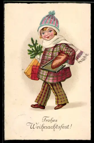 AK Mädchen bringt Pakete und frisch gebackenes Brot, Weihnachtsgrüsse